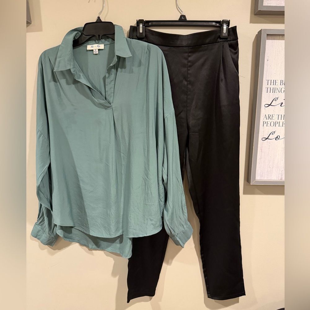 Teal Blouse and Black Pants Set
